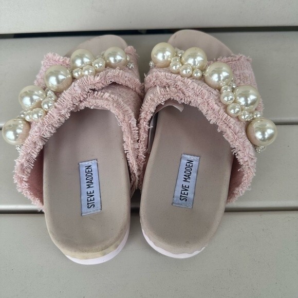 Steve Madden Women's Amie Flat Pink Boujee Pearls Slide Sandal House Slippers 6 - Picture 3 of 7